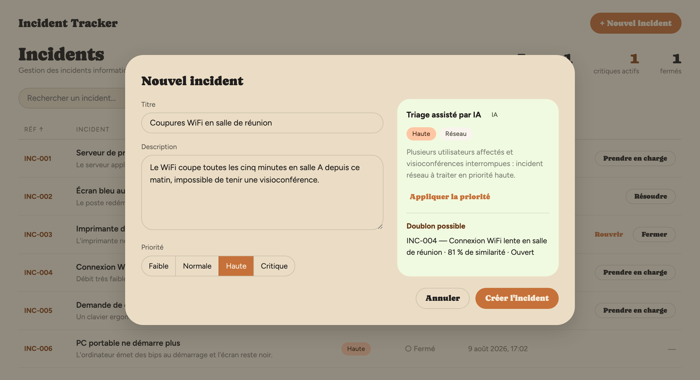 Modal de création d'incident - Incident Tracker