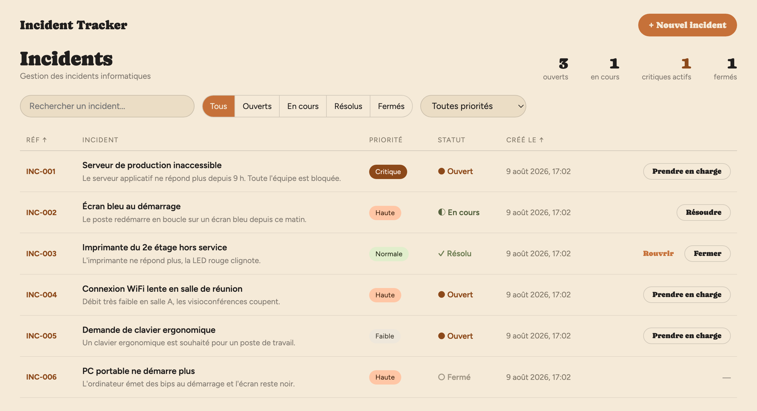 Liste des incidents - Incident Tracker